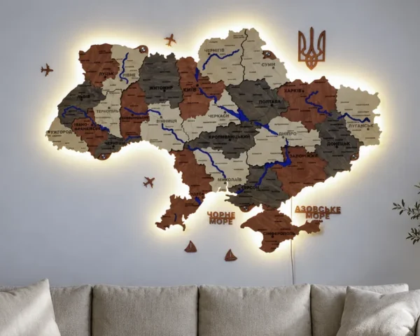Карта України з LED-підсвіткою та мальованими річками колір Maple