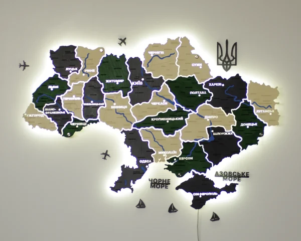 Деревʼяна карта України на акрилі з річками та LED-підсвіткою колір Apline