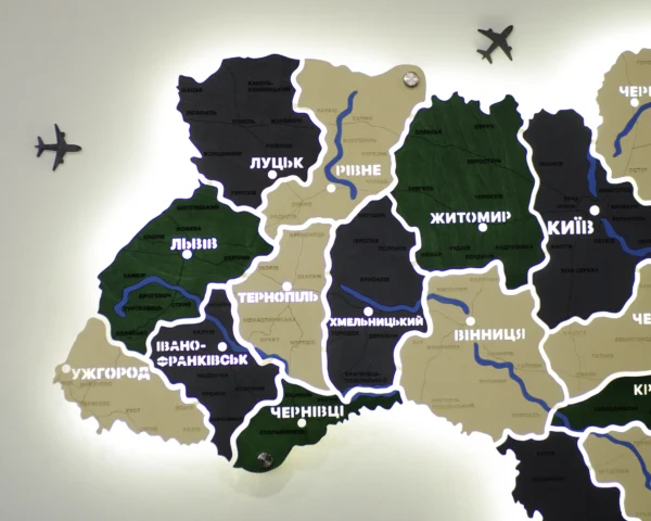 Деревʼяна карта України на акрилі з річками та LED-підсвіткою колір Apline