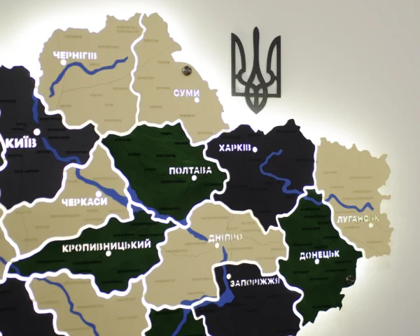 Деревʼяна карта України на акрилі з річками та LED-підсвіткою колір Apline