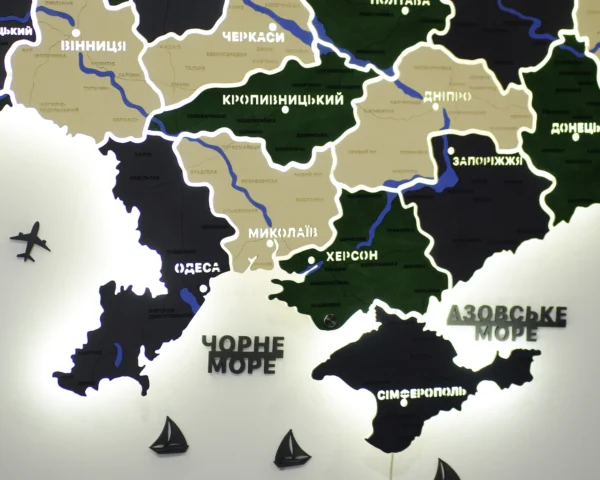 Деревʼяна карта України на акрилі з річками та LED-підсвіткою колір Apline