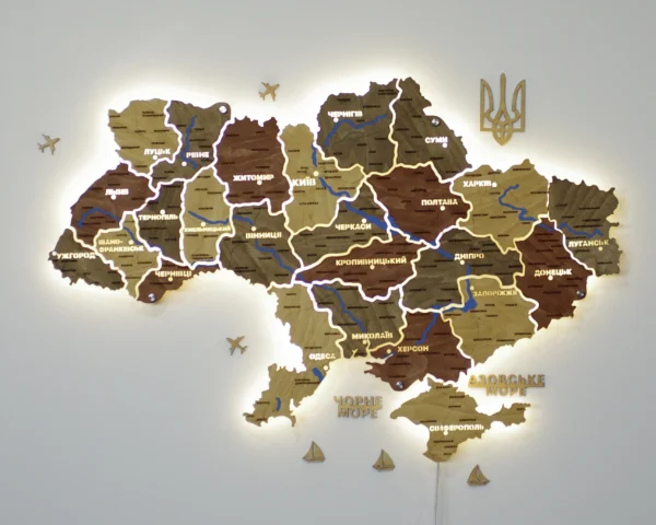Карта України на стіну з підсвіткою між областями та річками колір Amber