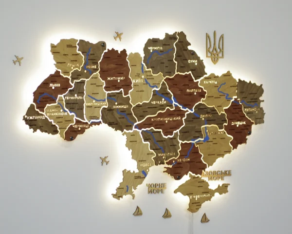 Карта України на стіну з підсвіткою між областями та річками колір Amber