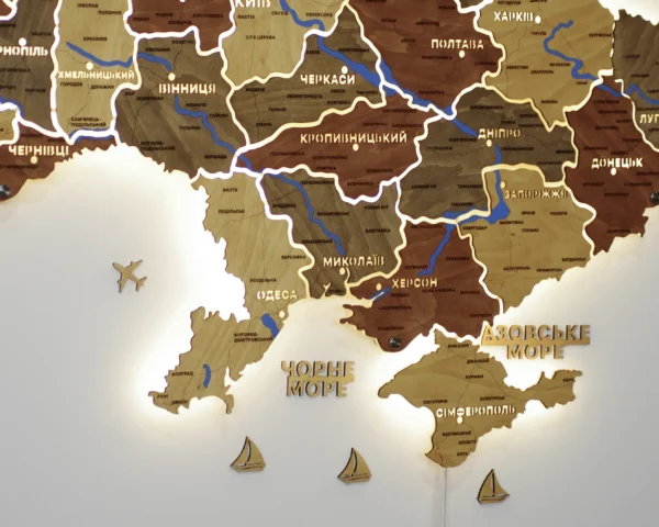 Карта України на стіну з підсвіткою між областями та річками колір Amber