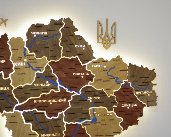 Карта України на стіну з підсвіткою між областями та річками колір Amber