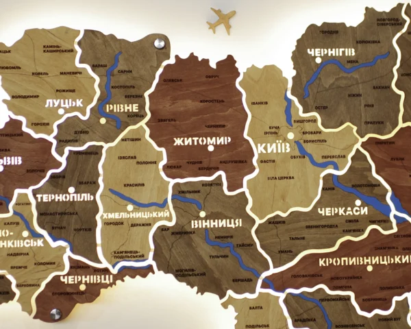 Карта України на стіну з підсвіткою між областями та річками колір Amber