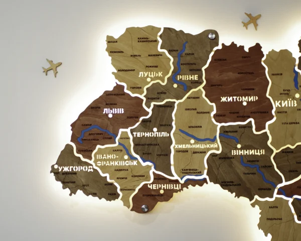 Карта України на стіну з підсвіткою між областями та річками колір Amber