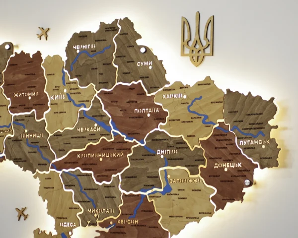 Карта України на стіну з підсвіткою між областями та річками колір Amber