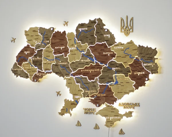 Карта України на стіну з підсвіткою між областями та річками колір Amber