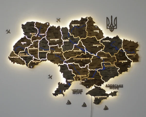 Карта України на акрилі з річками та LED-підсвіткою між областями колір Dark