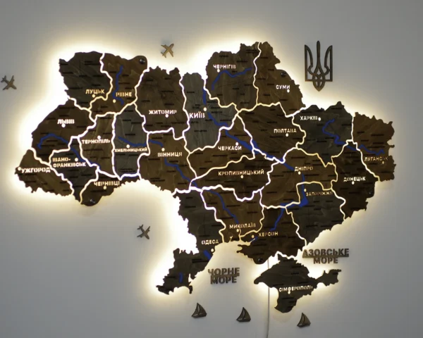 Карта України на акрилі з річками та LED-підсвіткою між областями колір Dark