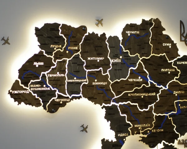 Карта України на акрилі з річками та LED-підсвіткою між областями колір Dark
