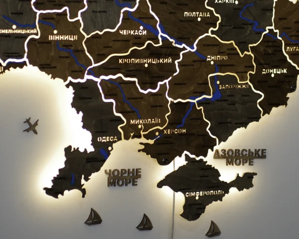 Карта України на акрилі з річками та LED-підсвіткою між областями колір Dark