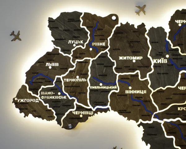Карта України на акрилі з річками та LED-підсвіткою між областями колір Dark