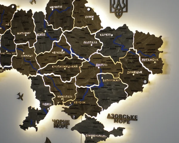 Карта України на акрилі з річками та LED-підсвіткою між областями колір Dark