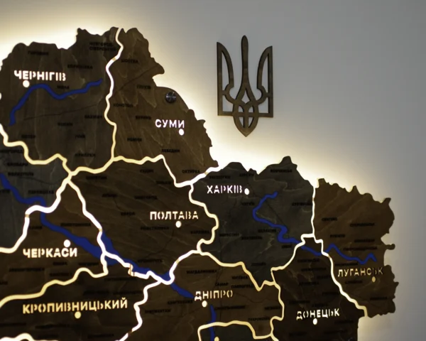 Карта України на акрилі з річками та LED-підсвіткою між областями колір Dark