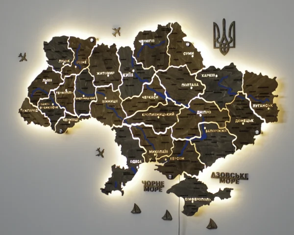 Карта України на акрилі з річками та LED-підсвіткою між областями колір Dark