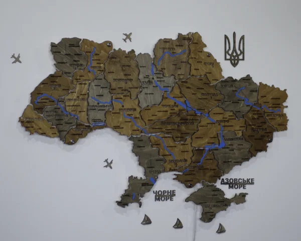 Карта України на акрилі з річками та LED-підсвіткою між областями колір Dark