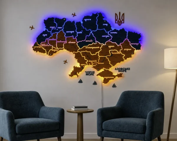 Карта України із дерева з LED-підсвіткою між областями та фарбованими річками колір Falg
