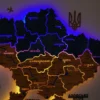 Карта України із дерева з LED-підсвіткою між областями та фарбованими річками колір Falg