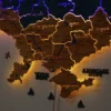 Карта України із дерева з LED-підсвіткою між областями та фарбованими річками колір Falg