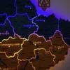 Карта України із дерева з LED-підсвіткою між областями та фарбованими річками колір Falg