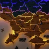 Карта України із дерева з LED-підсвіткою між областями та фарбованими річками колір Falg