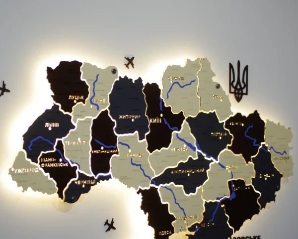Карта України на акрилі з підсвіткою між областями та фарбованими річками колір Grand