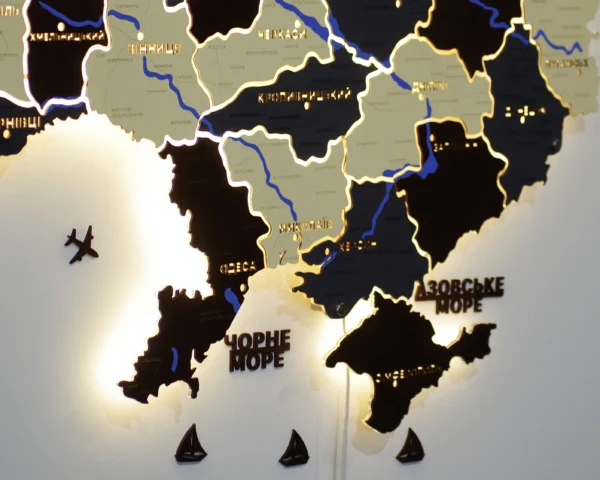 Карта України на акрилі з підсвіткою між областями та фарбованими річками колір Grand