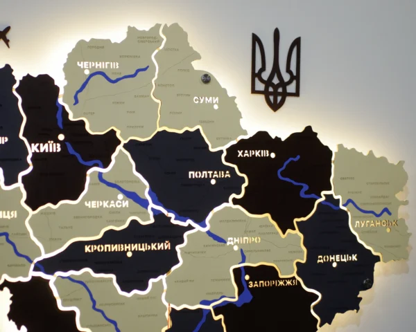 Карта України на акрилі з підсвіткою між областями та фарбованими річками колір Grand