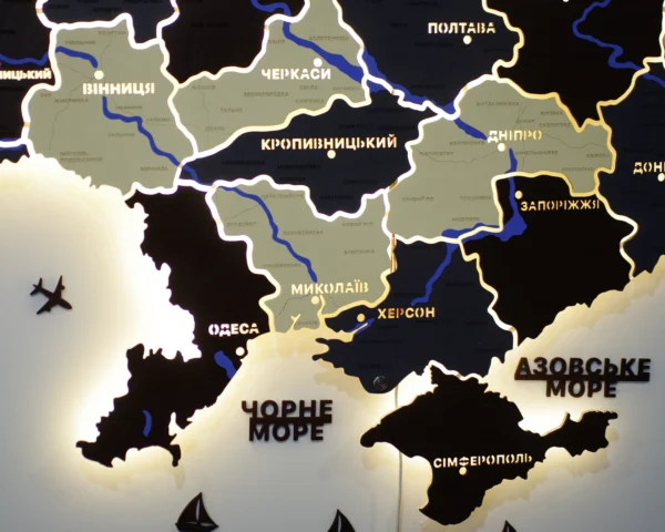 Карта України на акрилі з підсвіткою між областями та фарбованими річками колір Grand