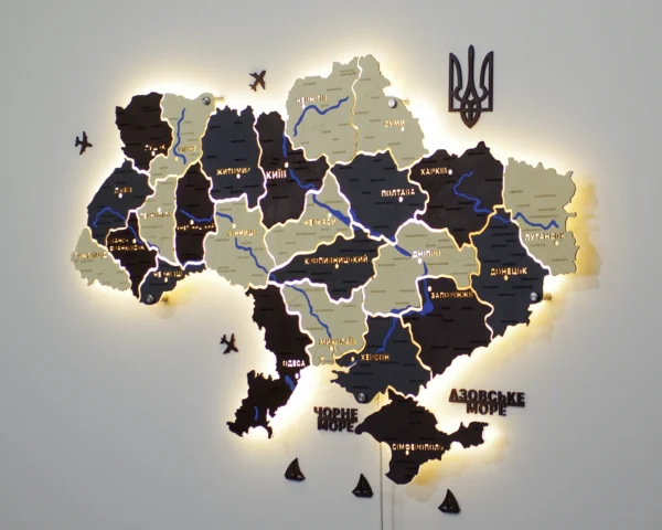 Карта України на акрилі з підсвіткою між областями та фарбованими річками колір Grand