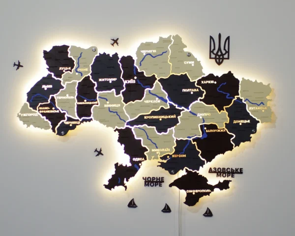 Карта України на акрилі з підсвіткою між областями та фарбованими річками колір Grand