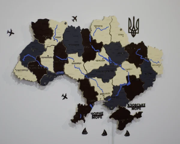 Карта України на акрилі з підсвіткою між областями та фарбованими річками колір Grand