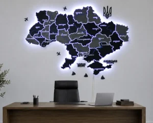 Настінна карта України із дерева на акрилі з мальованими річками та підсвіткою колір Grey