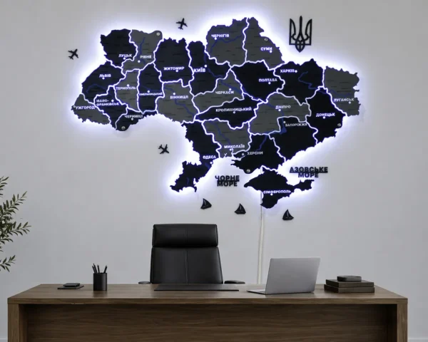 Настінна карта України із дерева на акрилі з мальованими річками та підсвіткою колір Grey