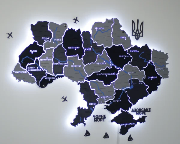 Настінна карта України із дерева на акрилі з мальованими річками та підсвіткою колір Grey