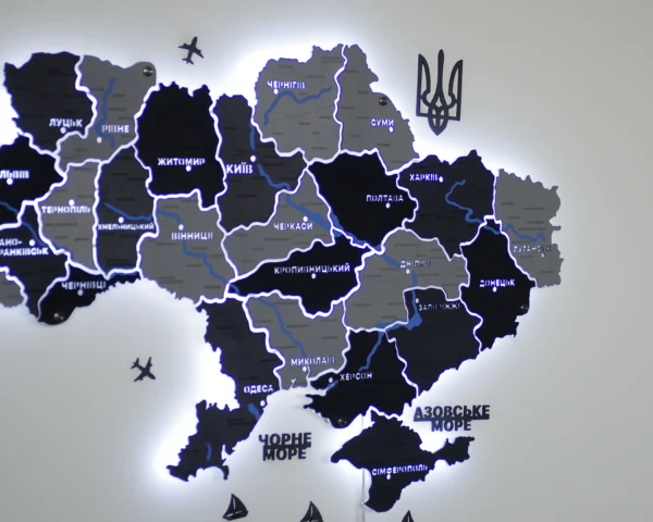 Настінна карта України із дерева на акрилі з мальованими річками та підсвіткою колір Grey
