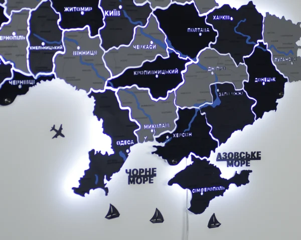 Настінна карта України із дерева на акрилі з мальованими річками та підсвіткою колір Grey