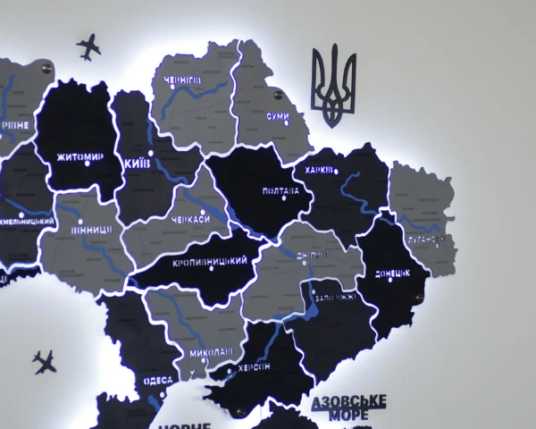 Настінна карта України із дерева на акрилі з мальованими річками та підсвіткою колір Grey