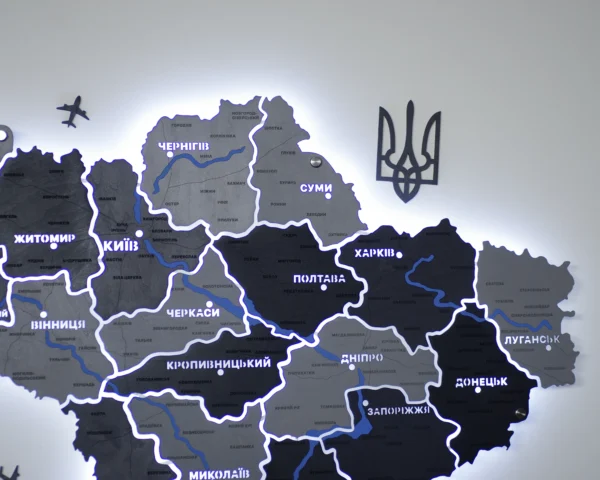Настінна карта України із дерева на акрилі з мальованими річками та підсвіткою колір Grey
