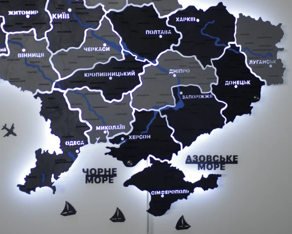 Настінна карта України із дерева на акрилі з мальованими річками та підсвіткою колір Grey