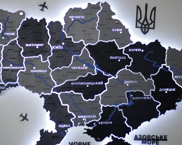 Настінна карта України із дерева на акрилі з мальованими річками та підсвіткою колір Grey
