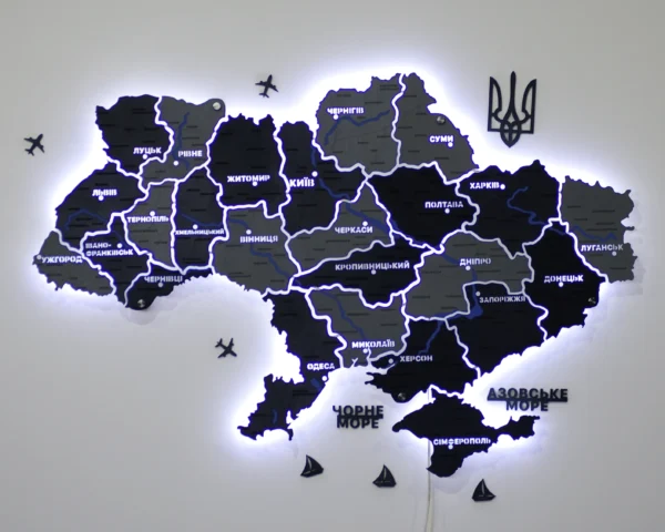 Настінна карта України із дерева на акрилі з мальованими річками та підсвіткою колір Grey