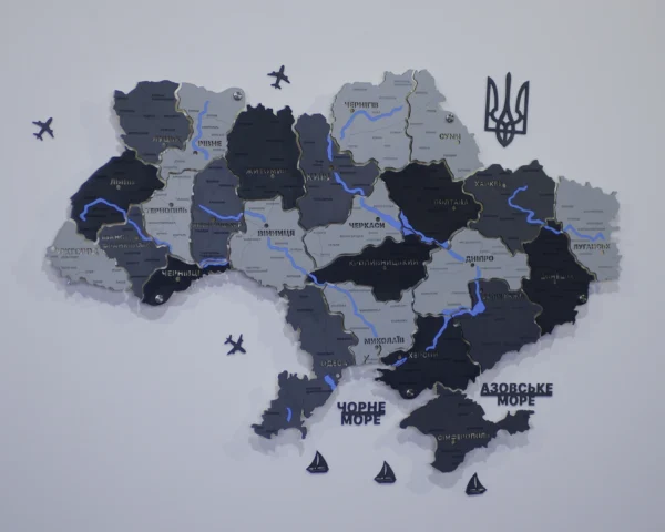 Настінна карта України із дерева на акрилі з мальованими річками та підсвіткою колір Grey