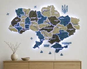 Настінна карта України на акрилі з річками та LED-підсвіткою між областями колір Nord