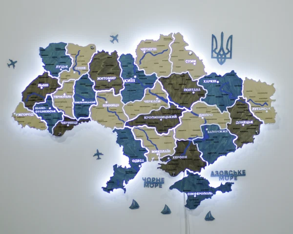 Настінна карта України на акрилі з річками та LED-підсвіткою між областями колір Nord
