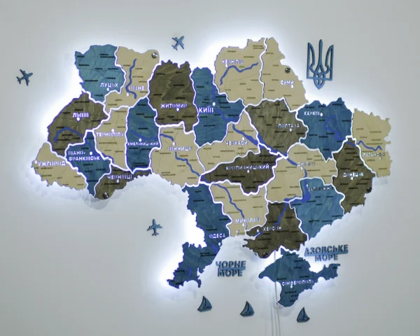 Настінна карта України на акрилі з річками та LED-підсвіткою між областями колір Nord