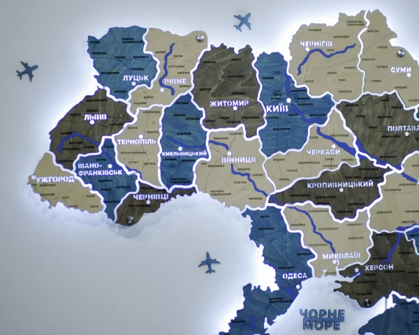 Настінна карта України на акрилі з річками та LED-підсвіткою між областями колір Nord