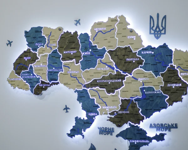Настінна карта України на акрилі з річками та LED-підсвіткою між областями колір Nord